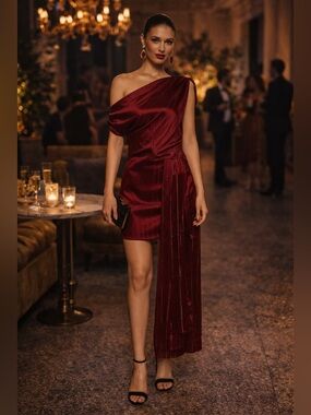 NONchalant Wine Red One Shoulder Mini Dress XS Draped Sash NWT